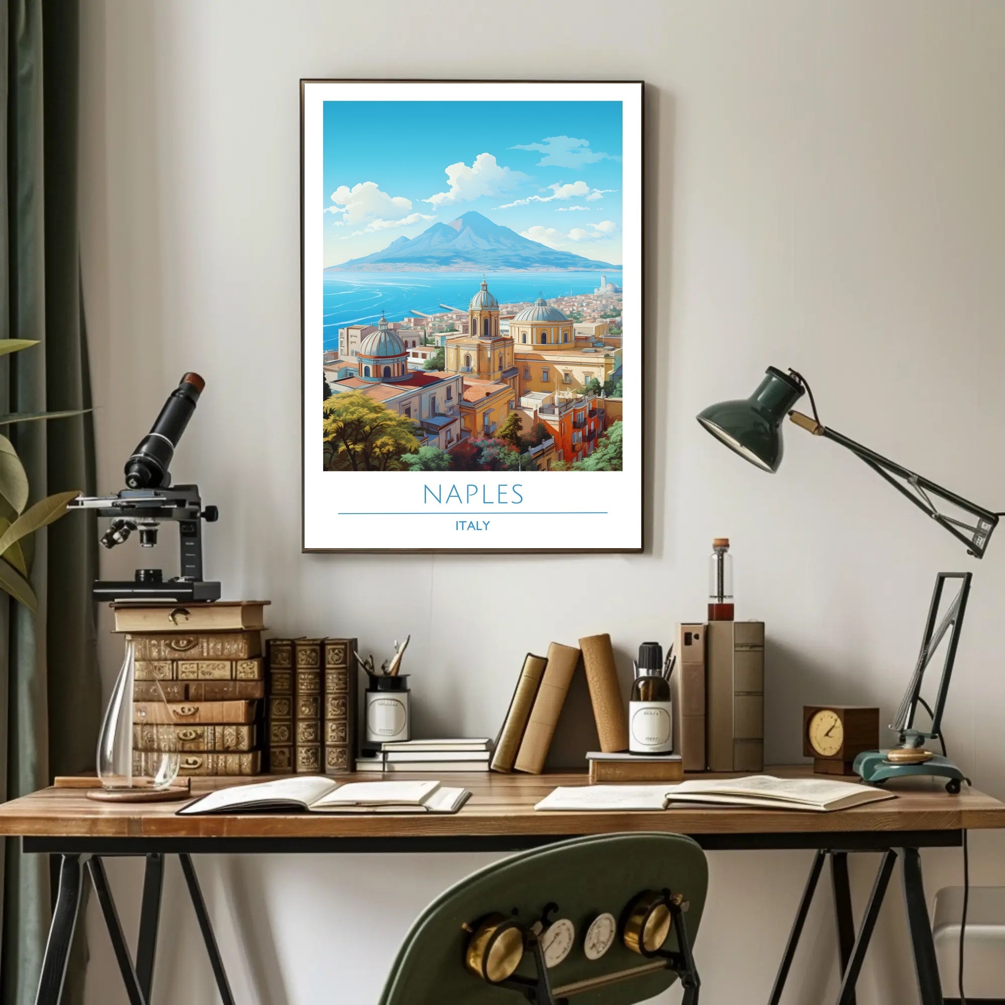 Naples Architecture with Mount Vesuvius Travel Poster
