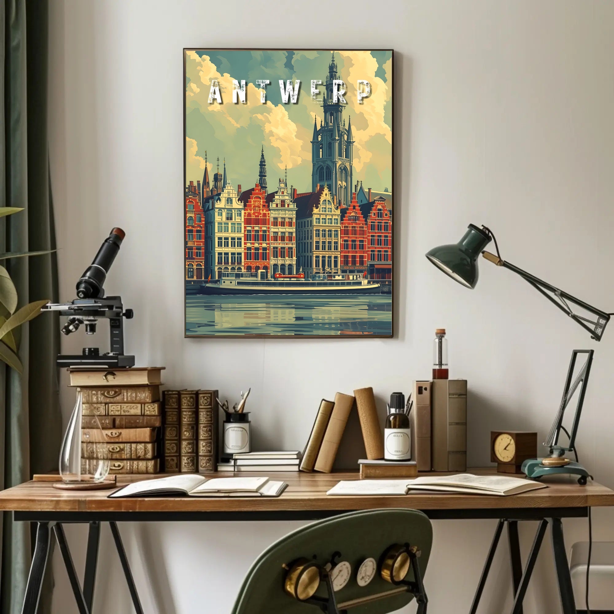 Antwerp cityscape illustration with vintage flair: Urban or Cityscape Poster