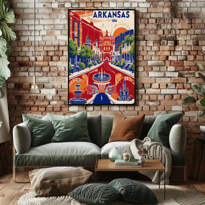 Arkansas Grand Street Circle Vintage Maroon Travel Poster USA
