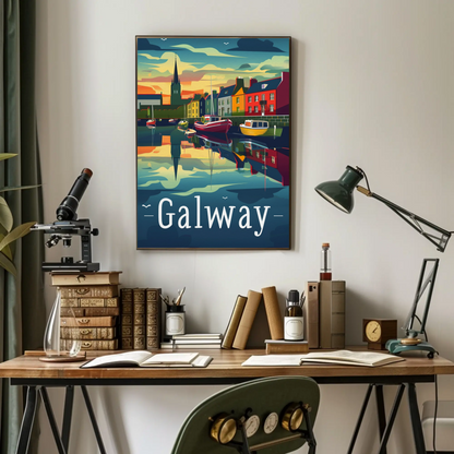Evening Harbor Scene Galway Ireland Travel Poster