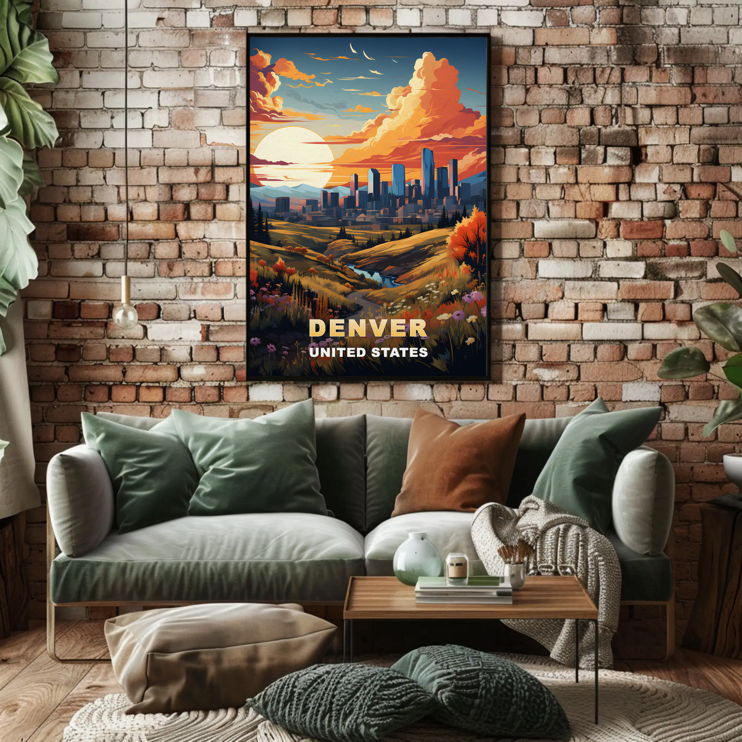Denver Autumn Meadow Skyline Vintage Travel Poster