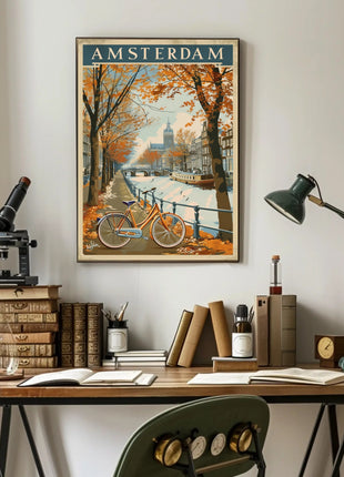 Amsterdam Autumn Canal Vintage Travel Art Poster