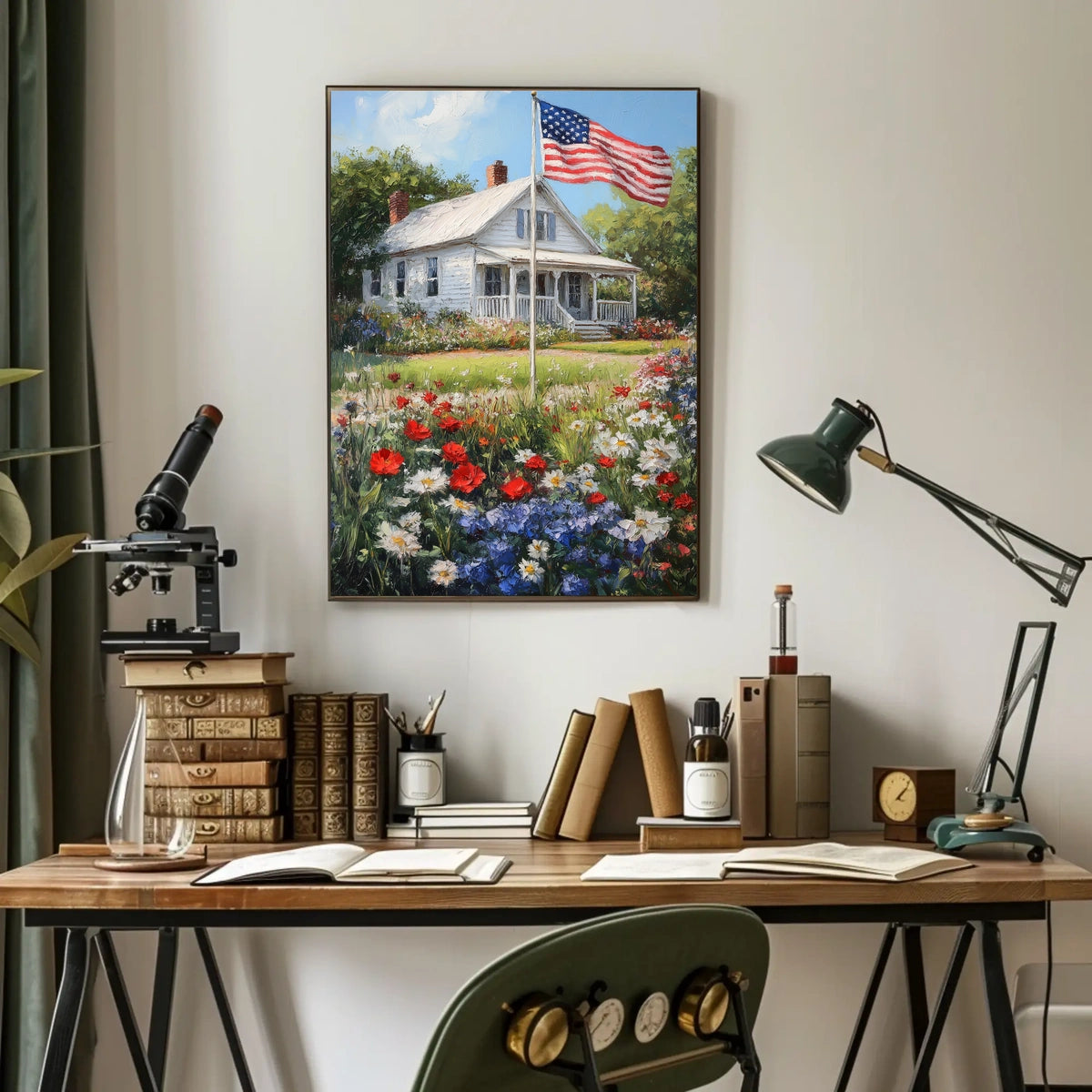 Classic White American Farmhouse With American Flag Poster