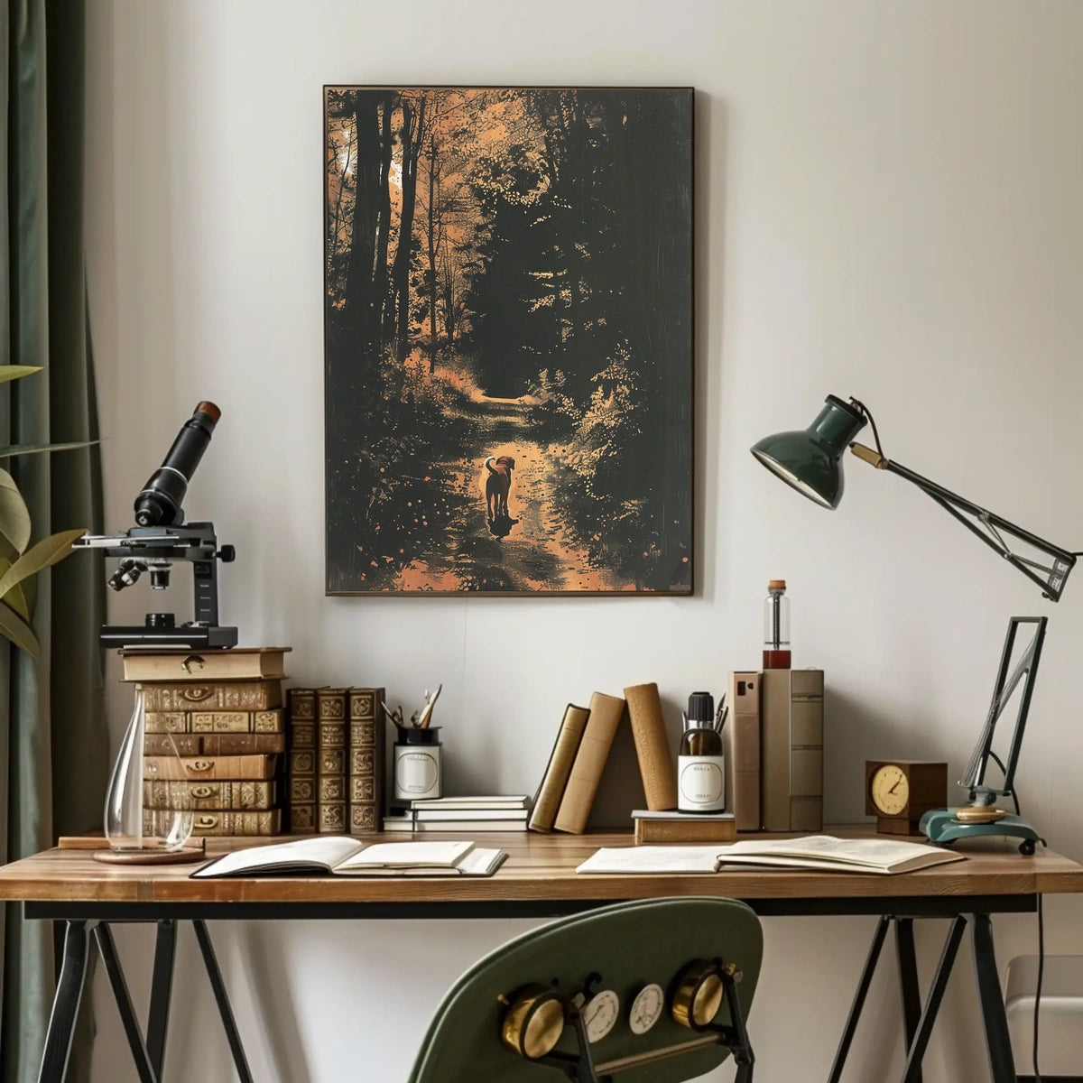 Serene Woodland Walk with Dog Autumn Poster