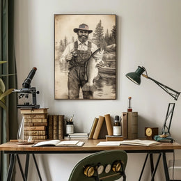 Vintage Fisherman Proudly Holds Large Bass Fishing Poster