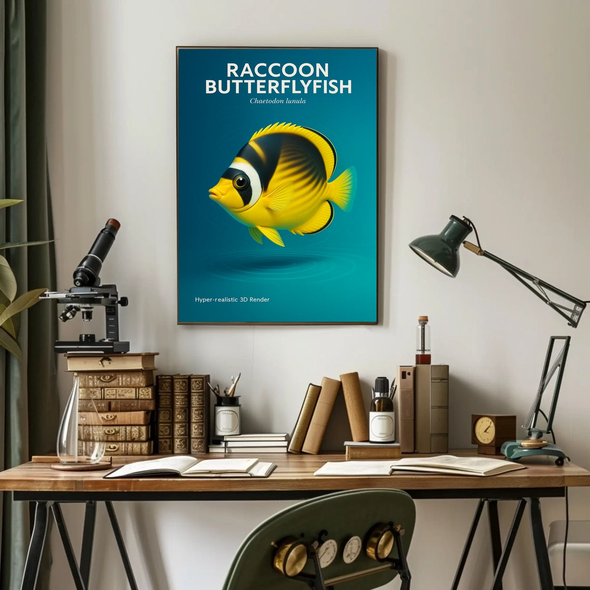 Raccoon Butterflyfish Hyper-realistic 3D Render Poster