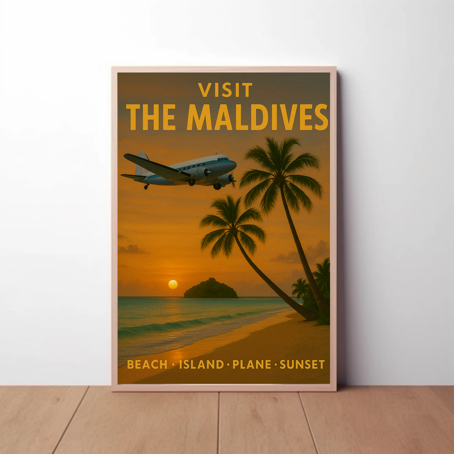 Visit Maldives Island Paradise Sunset Plane Travel Poster
