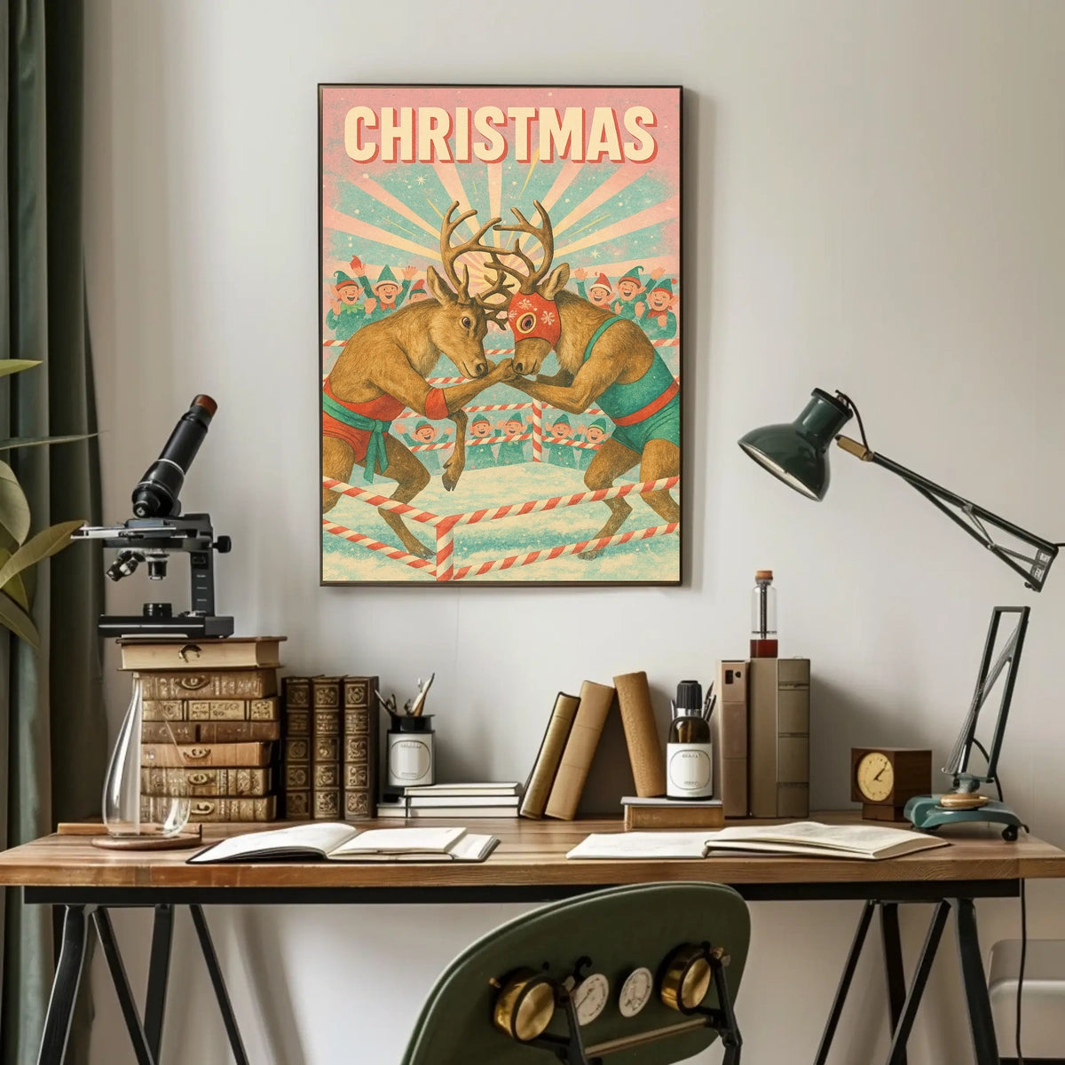 Festive Reindeer Wrestling Poster: Retro Holiday Fun