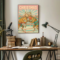 Festive Reindeer Wrestling Poster: Retro Holiday Fun