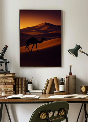 Camel Silhouette at Sunset Travel Poster