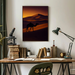 Camel Silhouette at Sunset Travel Poster