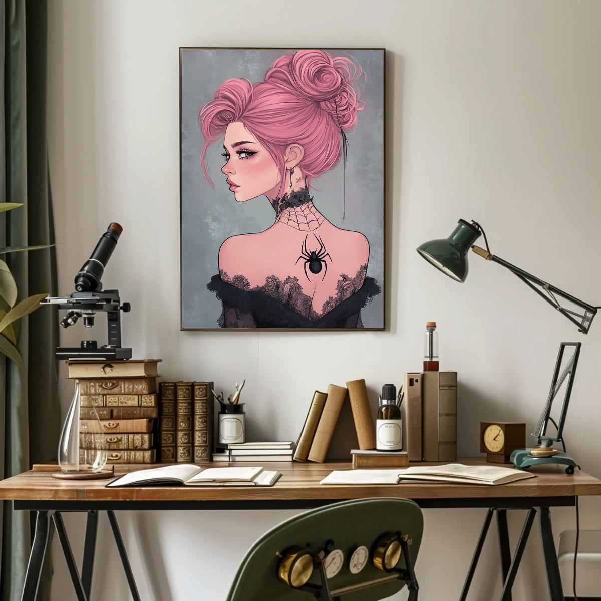Gothic Elegance Woman Illustration Spider Tattoo Poster