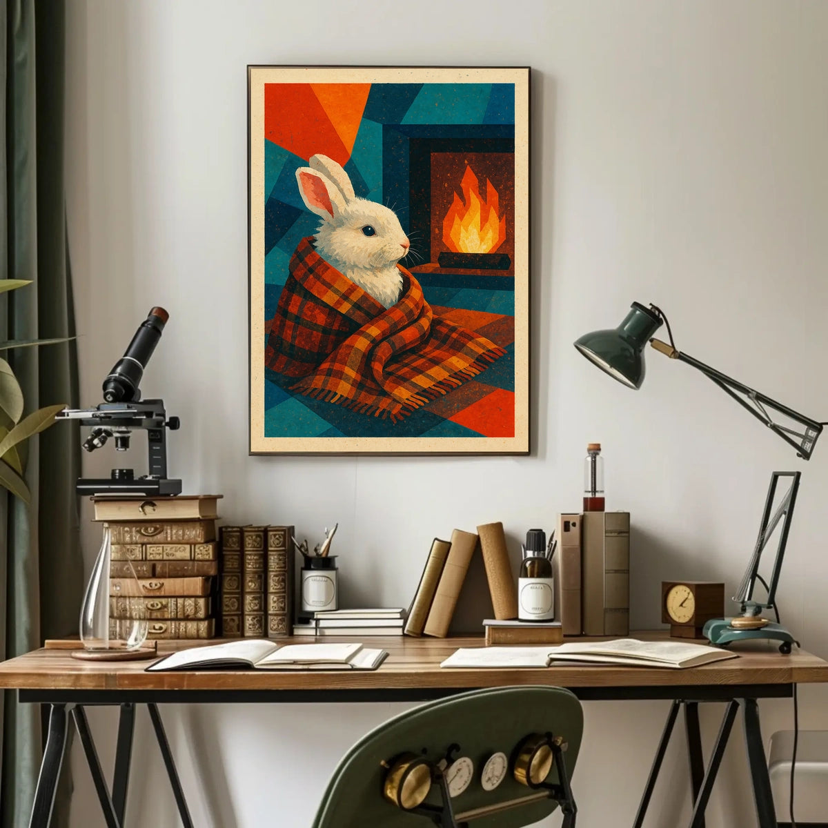 Cozy Rabbit by the Fireplace Poster