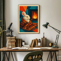 Cozy Rabbit by the Fireplace Poster