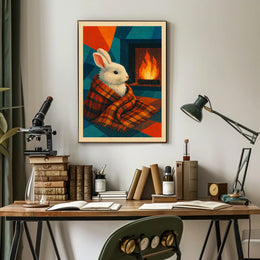 Cozy Rabbit by the Fireplace Poster