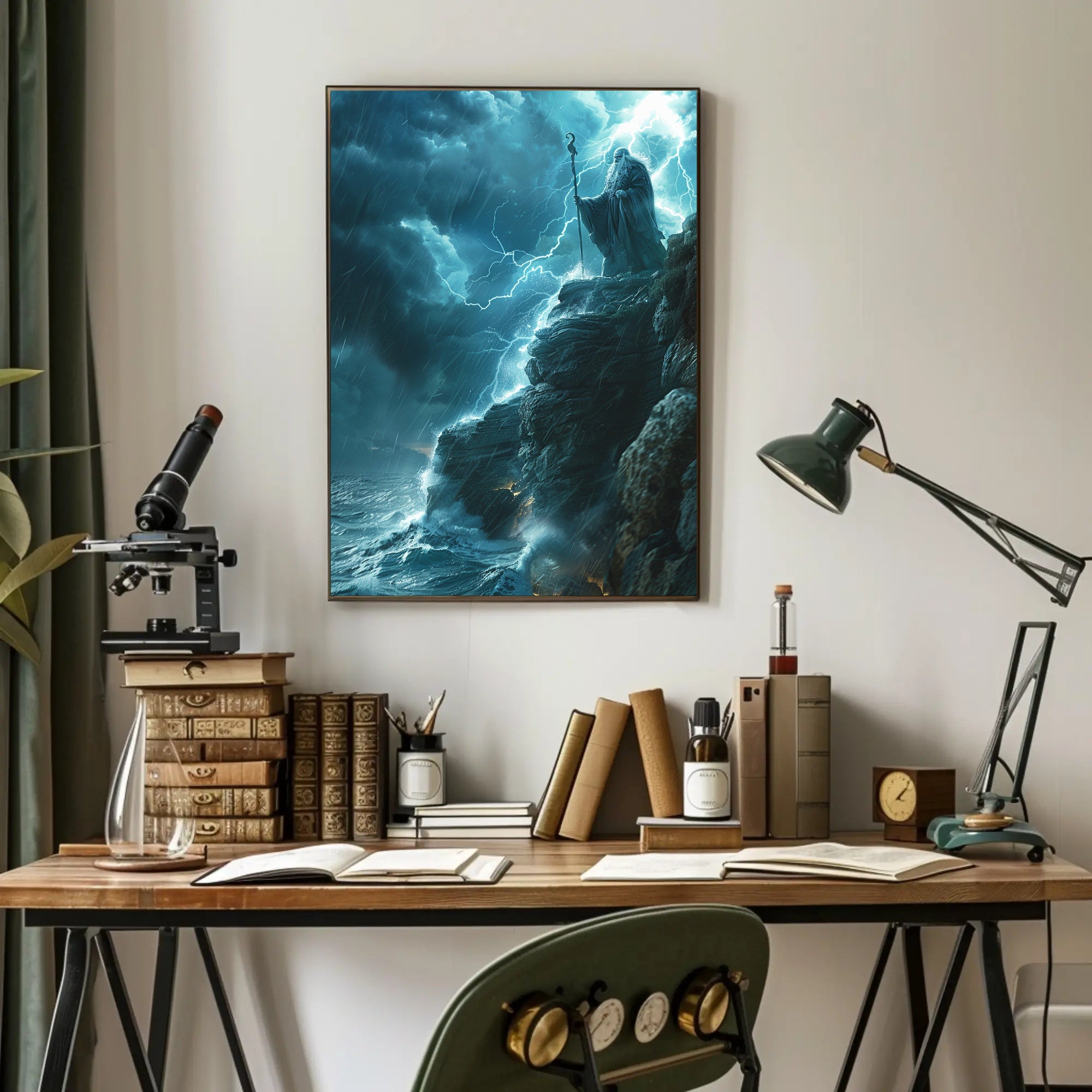 Mystical Storm Wizard Overlooking Ocean Fantasy or Mythology Poster PosterGoat