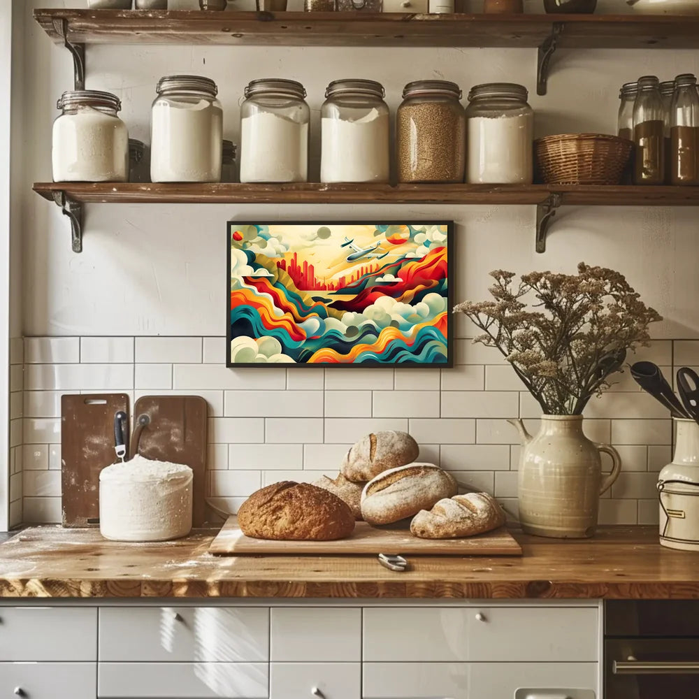 The poster features a vibrant and dynamic abstract illustration depicting an airplane soaring Travel Poster