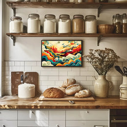 The poster features a vibrant and dynamic abstract illustration depicting an airplane soaring Travel Poster