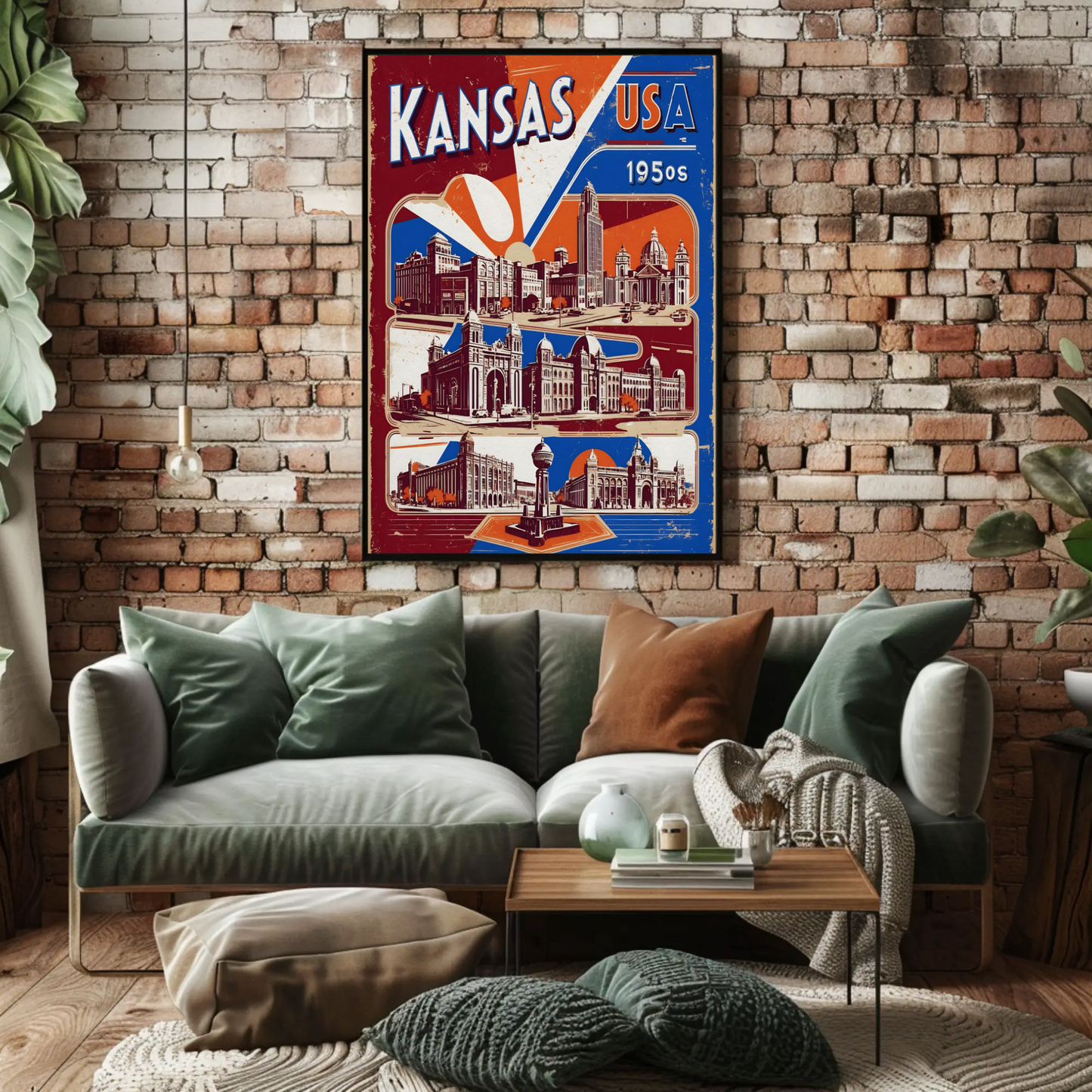 Kansas USA 1950s Grand Structures Vintage Maroon Travel Poster