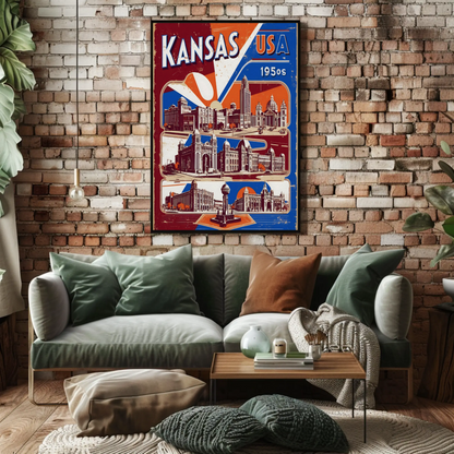 Kansas USA 1950s Grand Structures Vintage Maroon Travel Poster