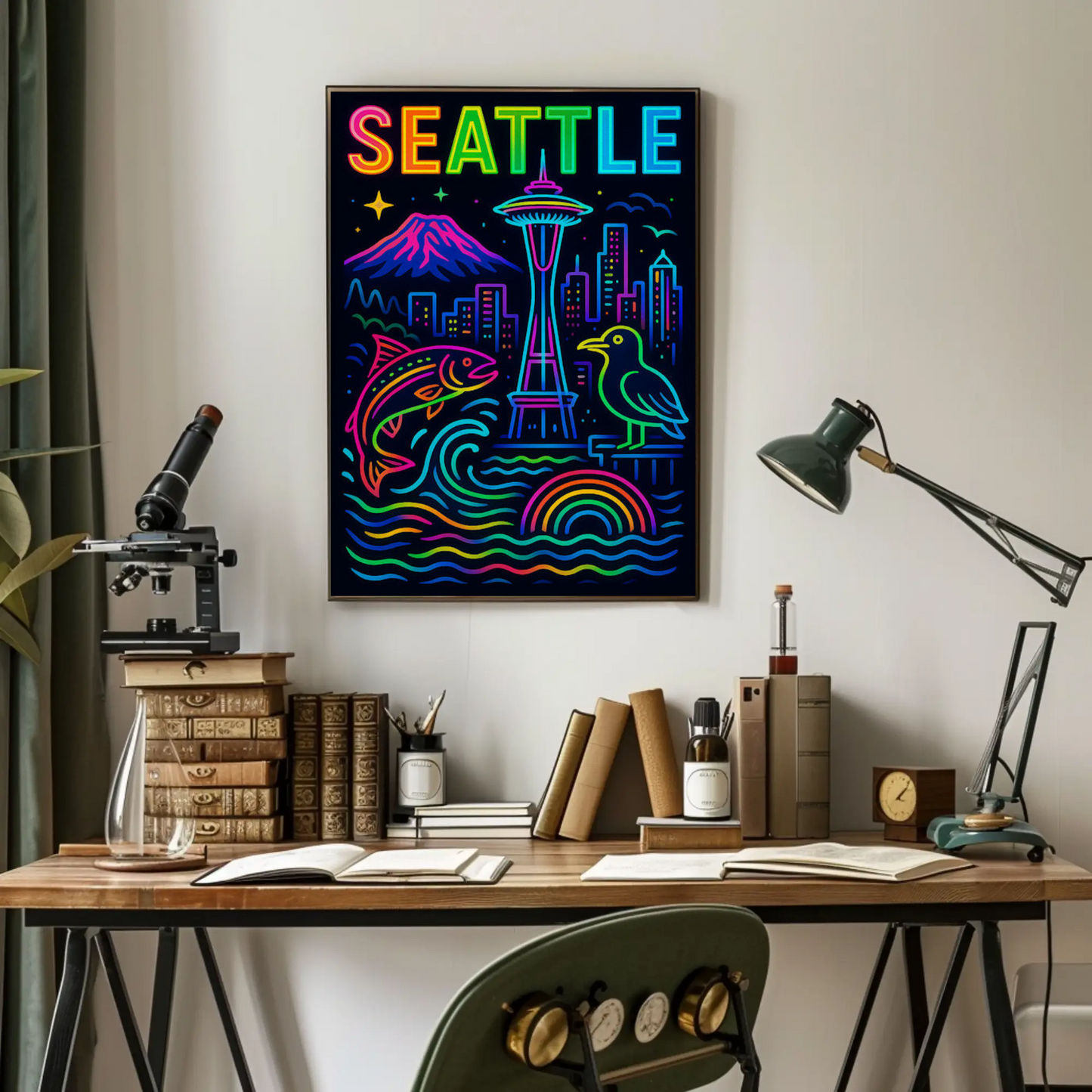 Seattle Washington Space Needle Neon Skyline Poster Poster