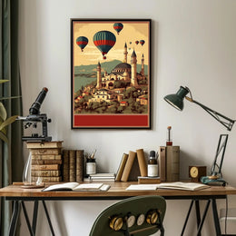 Hot Air Balloons Over Ancient Architecture Poster