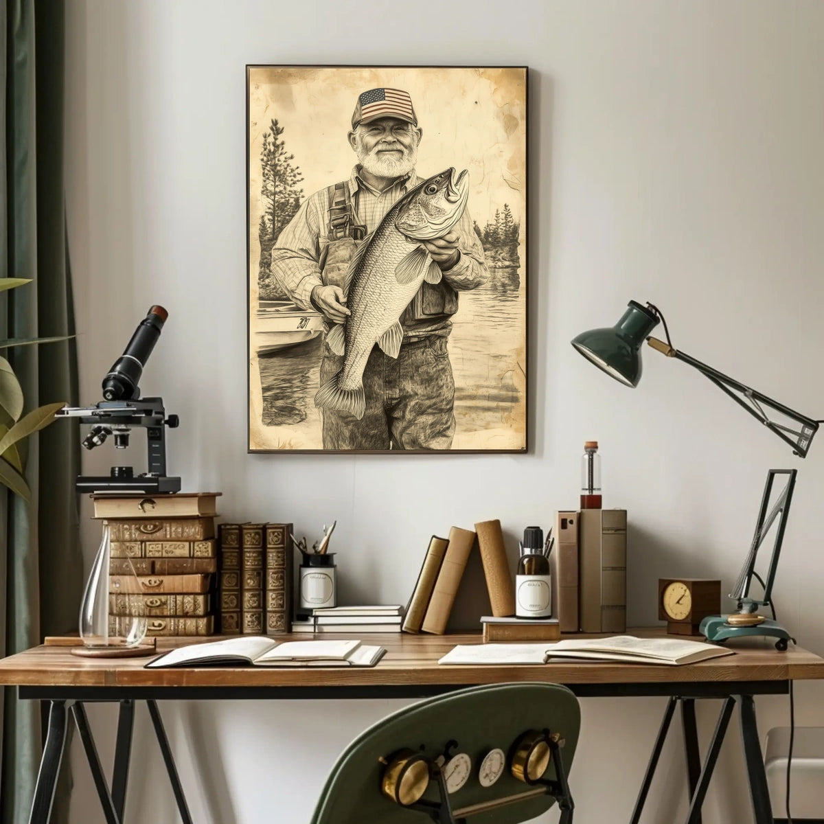 Vintage Style Fisherman Holding Large Bass Rustic Poster