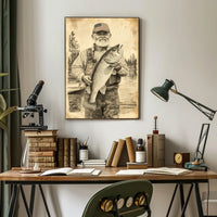 Vintage Style Fisherman Holding Large Bass Rustic Poster
