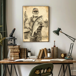 Vintage Style Fisherman Holding Large Bass Rustic Poster