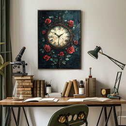 Vintage Clock and Roses Art Print - Artistic Poster