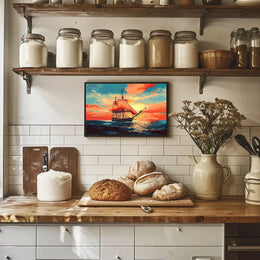 Vintage Sailing Ship at Vibrant Sunset Poster