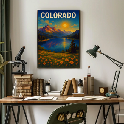 Colorado Sunset Mountain Lake Wildflower Travel Poster