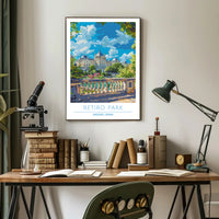 Retiro Park in Madrid vibrant travel illustration poster