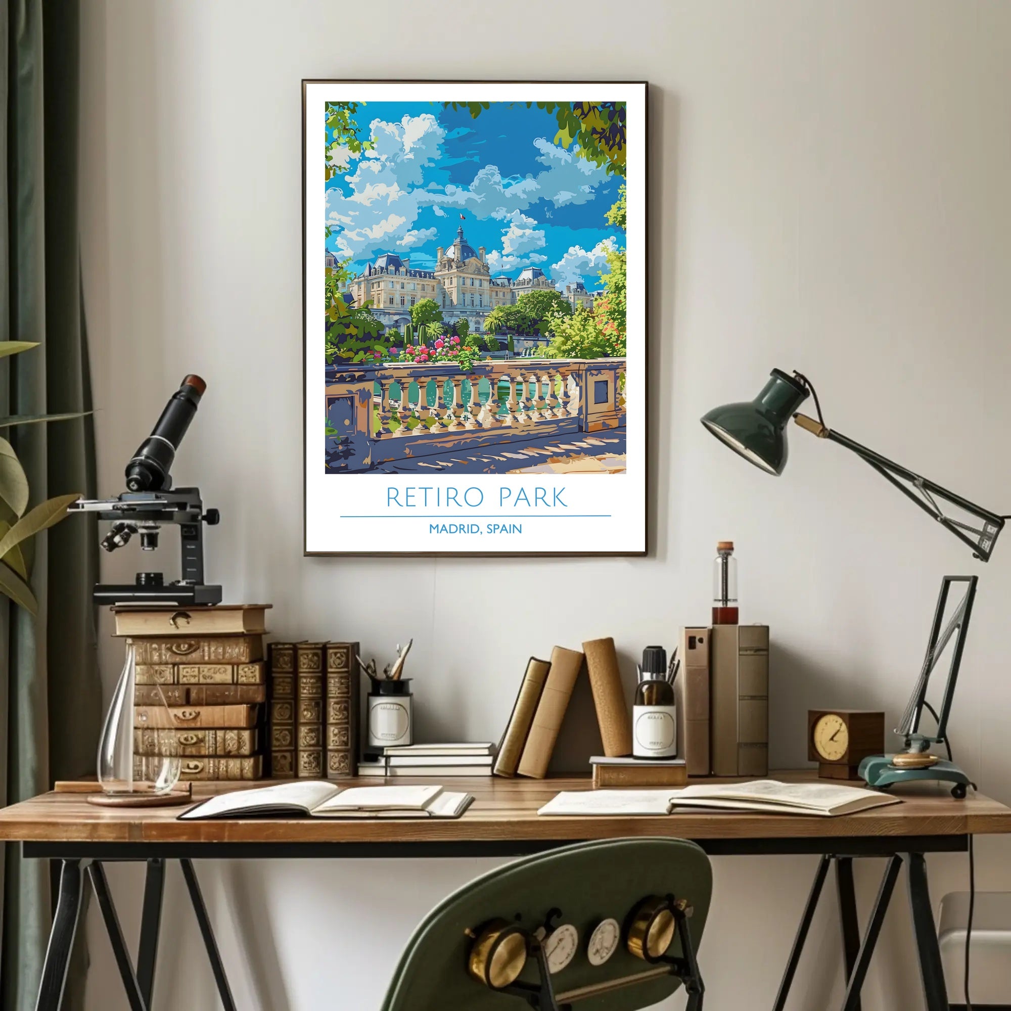 Retiro Park in Madrid vibrant travel illustration poster