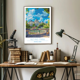 Retiro Park in Madrid vibrant travel illustration poster