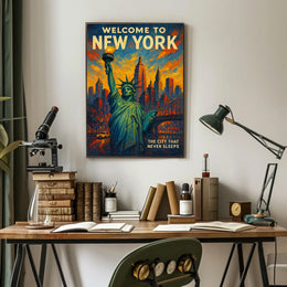 New York Skyline Sunset Art Poster Vintage Wall Art