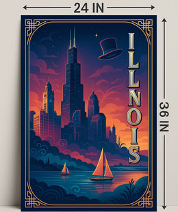 Chicago Cityscape Vintage Art Deco Travel Poster