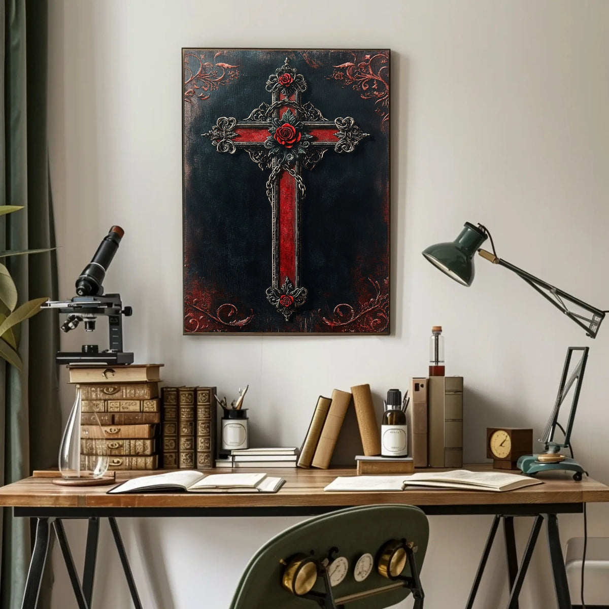 Stylized Ornate Cross with Roses Poster