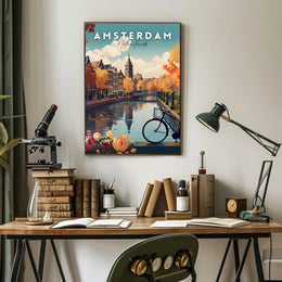 Scenic Autumn Amsterdam Canal Travel Poster