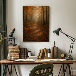 Serene Autumn Forest Pathway Photorealistic Tranquil Canopy Sunlit Woodland Foliage Golden Poster