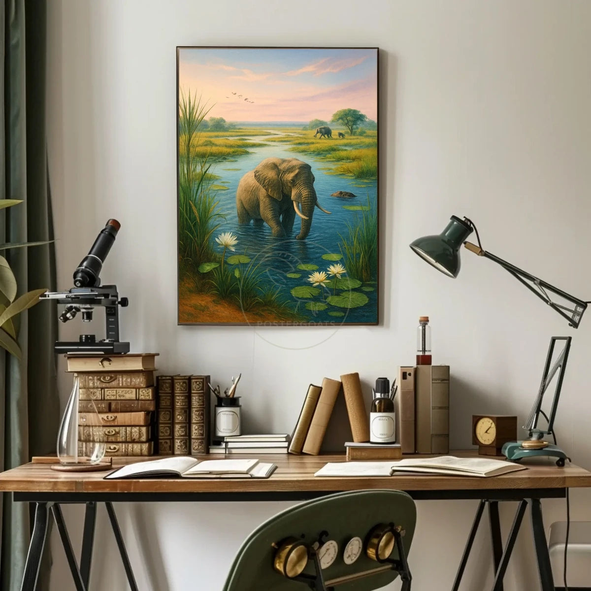 Majestic Elephant Bathing in African Savanna Animal Poster