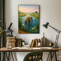 Majestic Elephant Bathing in African Savanna Animal Poster