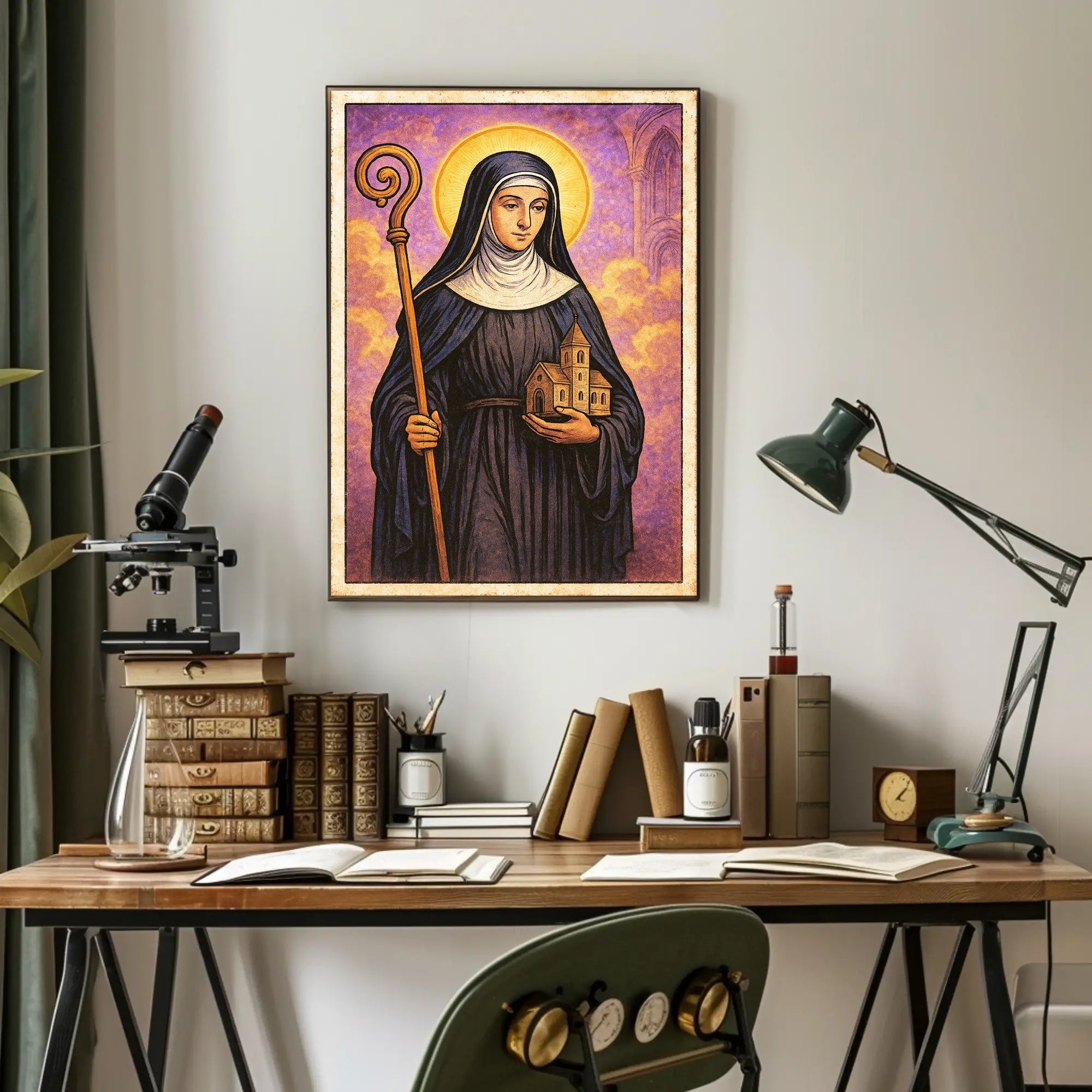 Saintly Figure with Church Model Poster PosterGoat