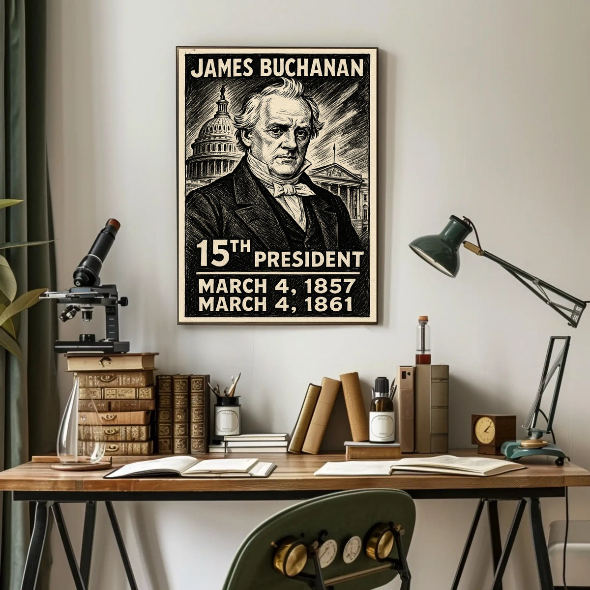 James Buchanan 15th President of the United States B & W Comic Sketch Poster