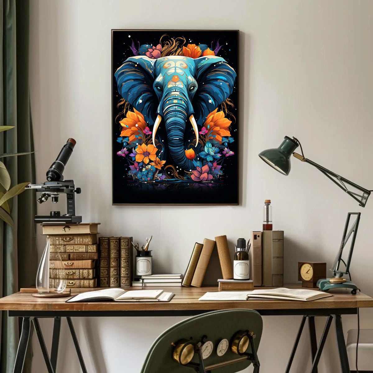 Vibrant Elephant Art Poster with Floral Patterns