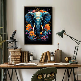 Vibrant Elephant Art Poster with Floral Patterns