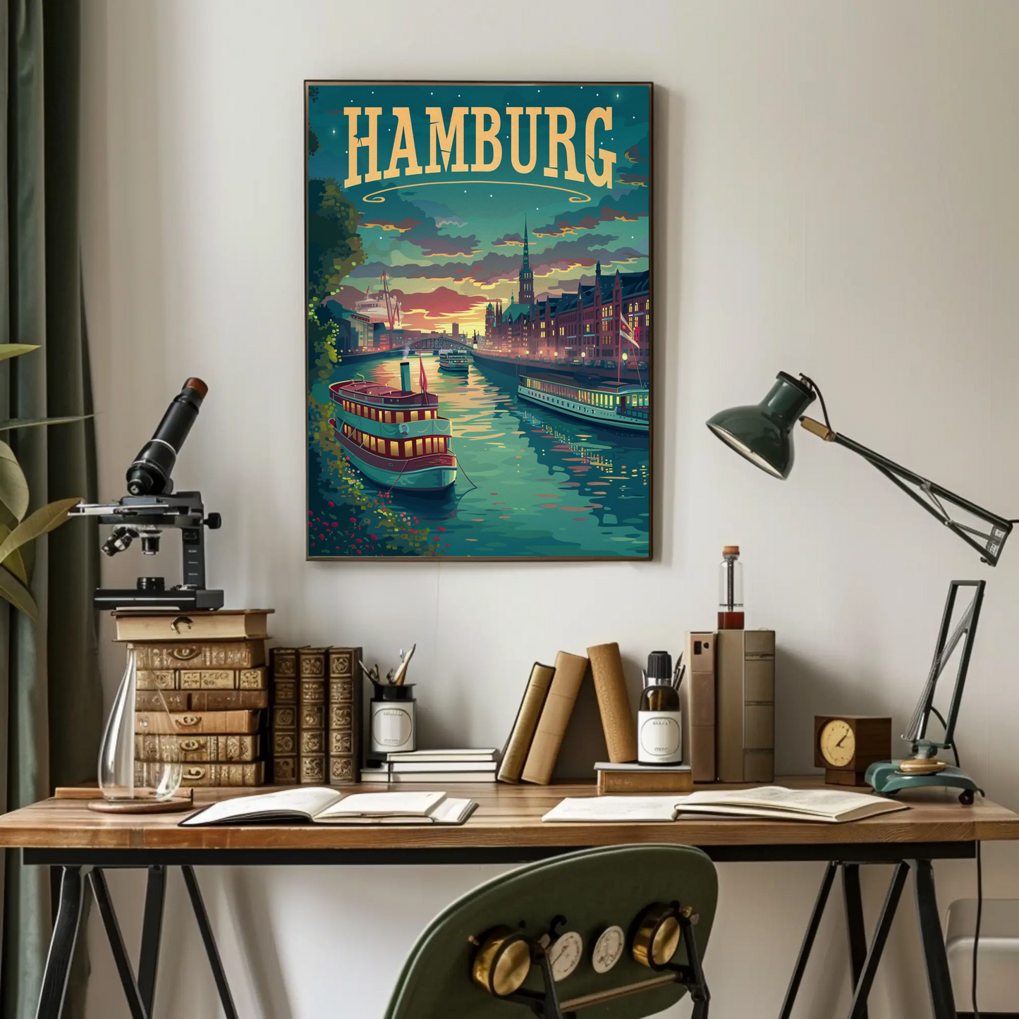 Hamburg Riverfront Twilight Travel Poster