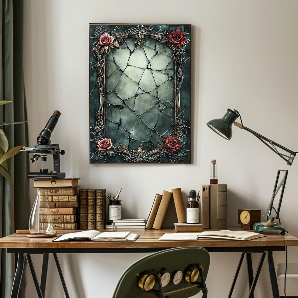 Ornate Gothic Floral Art Print with Roses and Cracked Frame Poster