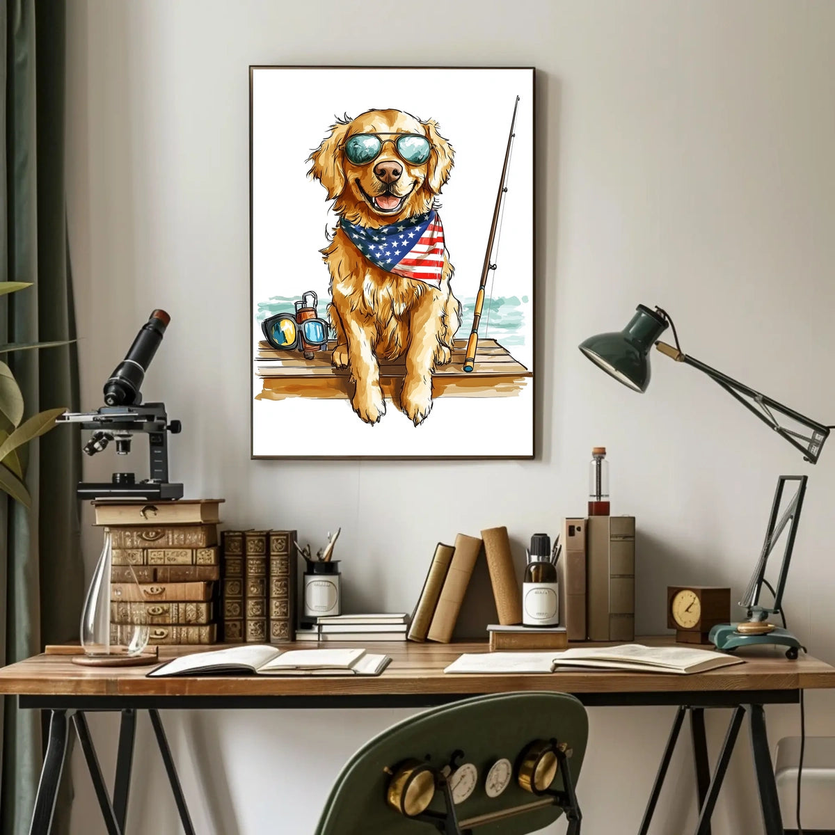 Golden Retriever Fishing Scene Artwork Home Decor Poster