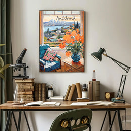 Scenic View of Auckland: Cozy Interior with Blue Armchair and Harbor Poster
